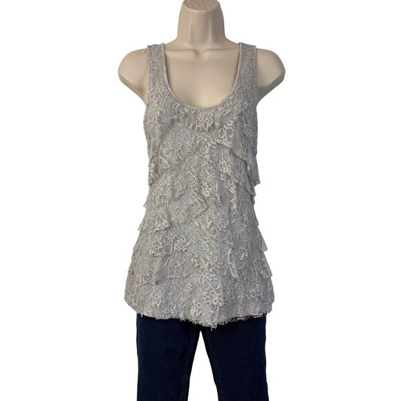 Express Gray Lace Embellished Front Tank Top Scoop Neck Infused Metallic Thread - Picture 1 of 15